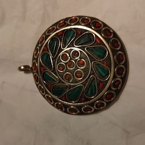 Tibetan malachite and coral pendant